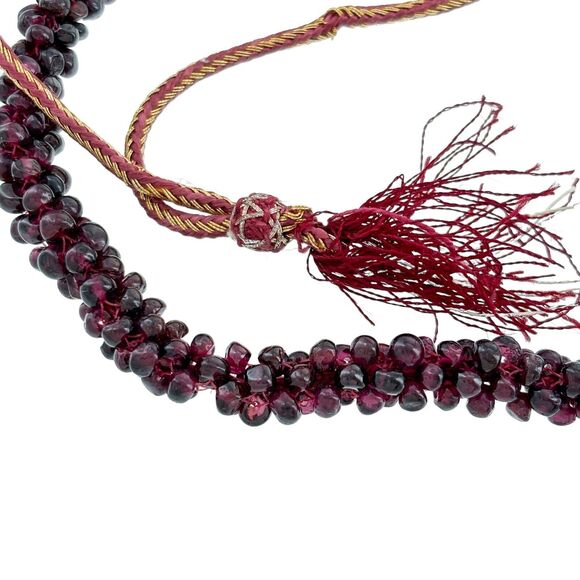 Red Garnet Golden Threaded Interwoven Rope Cluster Bead Necklace 28" - Picture 2 of 4